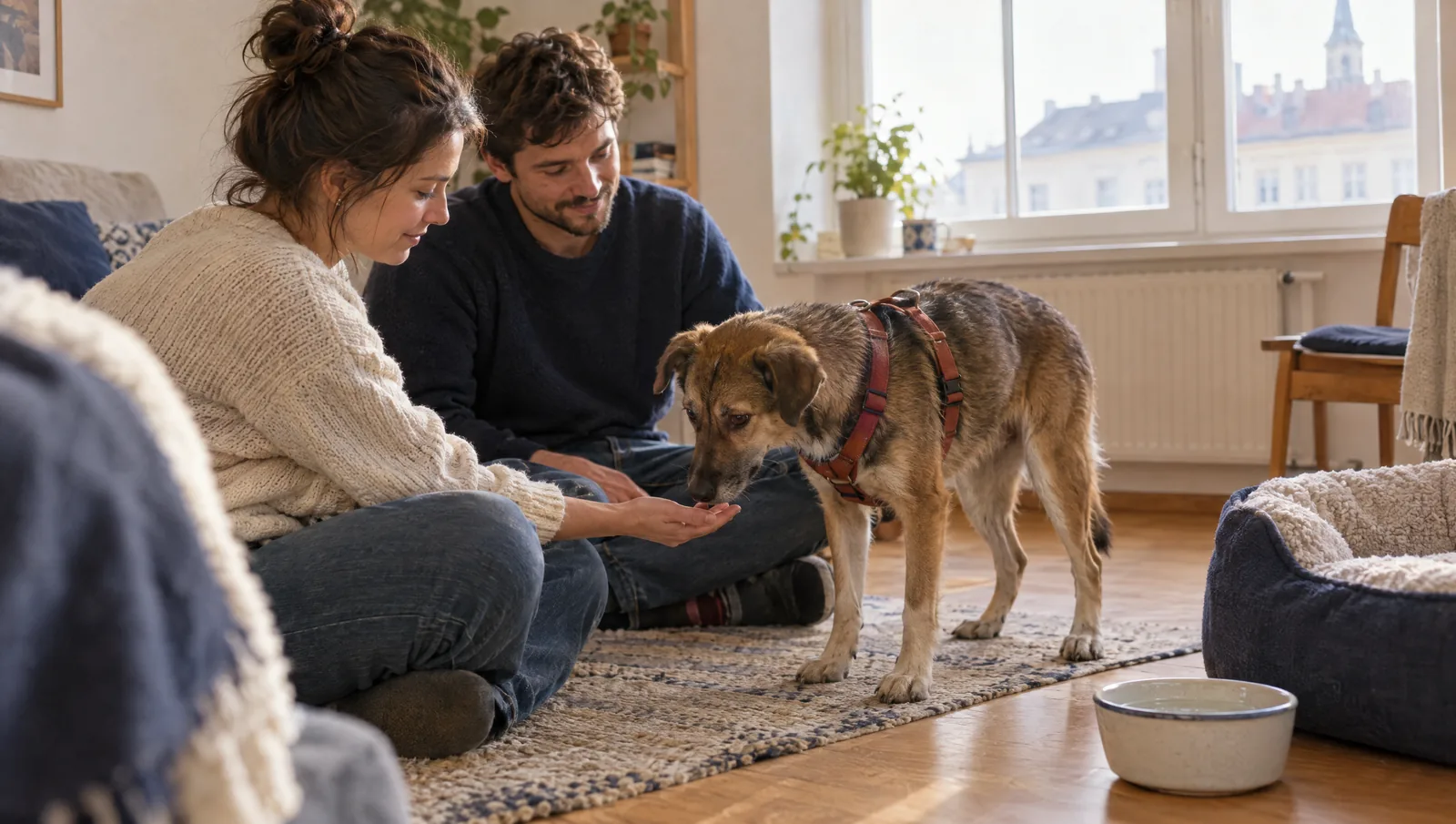 Ein junges Paar sitzt am Boden einer hellen Wohnung, ein schüchterner Tierschutzhund schnuppert an einer Hand