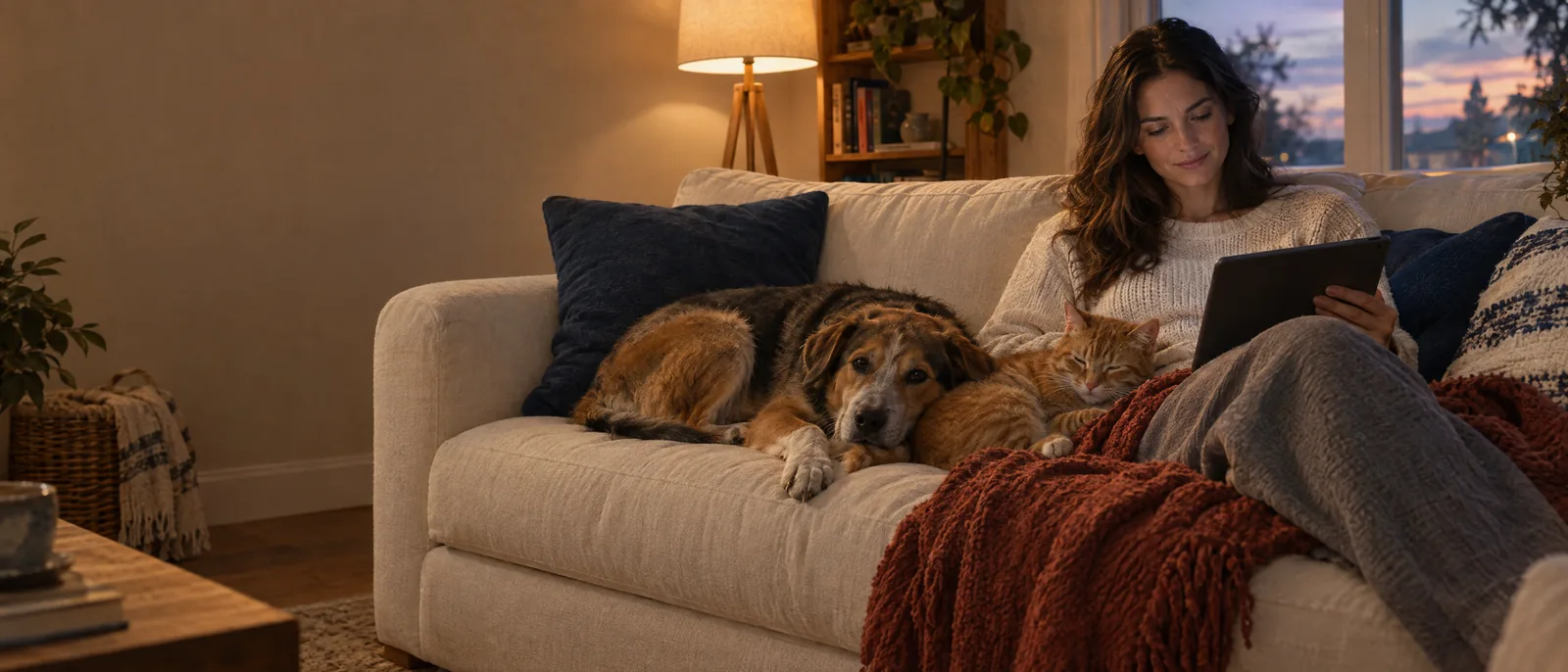 Hund und Katze liegen entspannt neben einer Frau, die auf einem Tablet liest