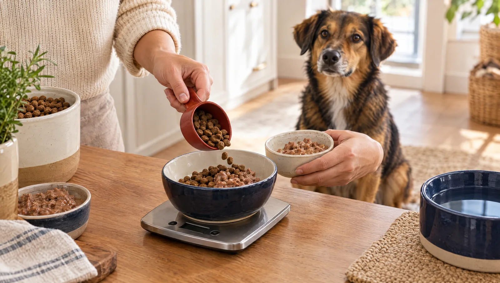 Eine Hand füllt Hundefutter in eine Schüssel auf einer Küchenwaage, ein Hund wartet geduldig