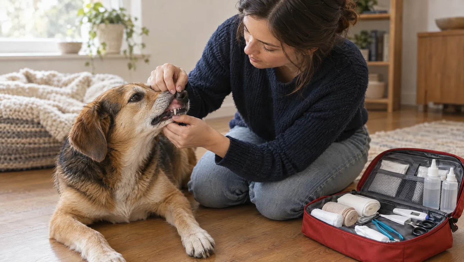 Eine Frau kontrolliert das Zahnfleisch eines Hundes, daneben ein geöffnetes Erste-Hilfe-Set