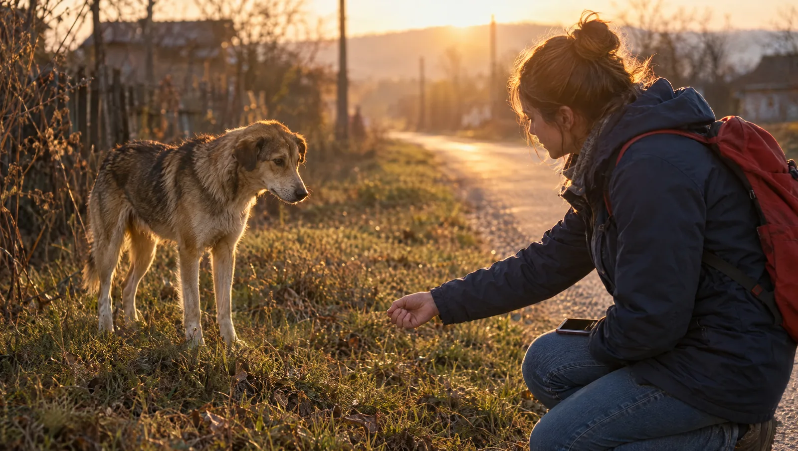 Eine Helferin kniet am Straßenrand und nähert sich vorsichtig einem scheuen Straßenhund