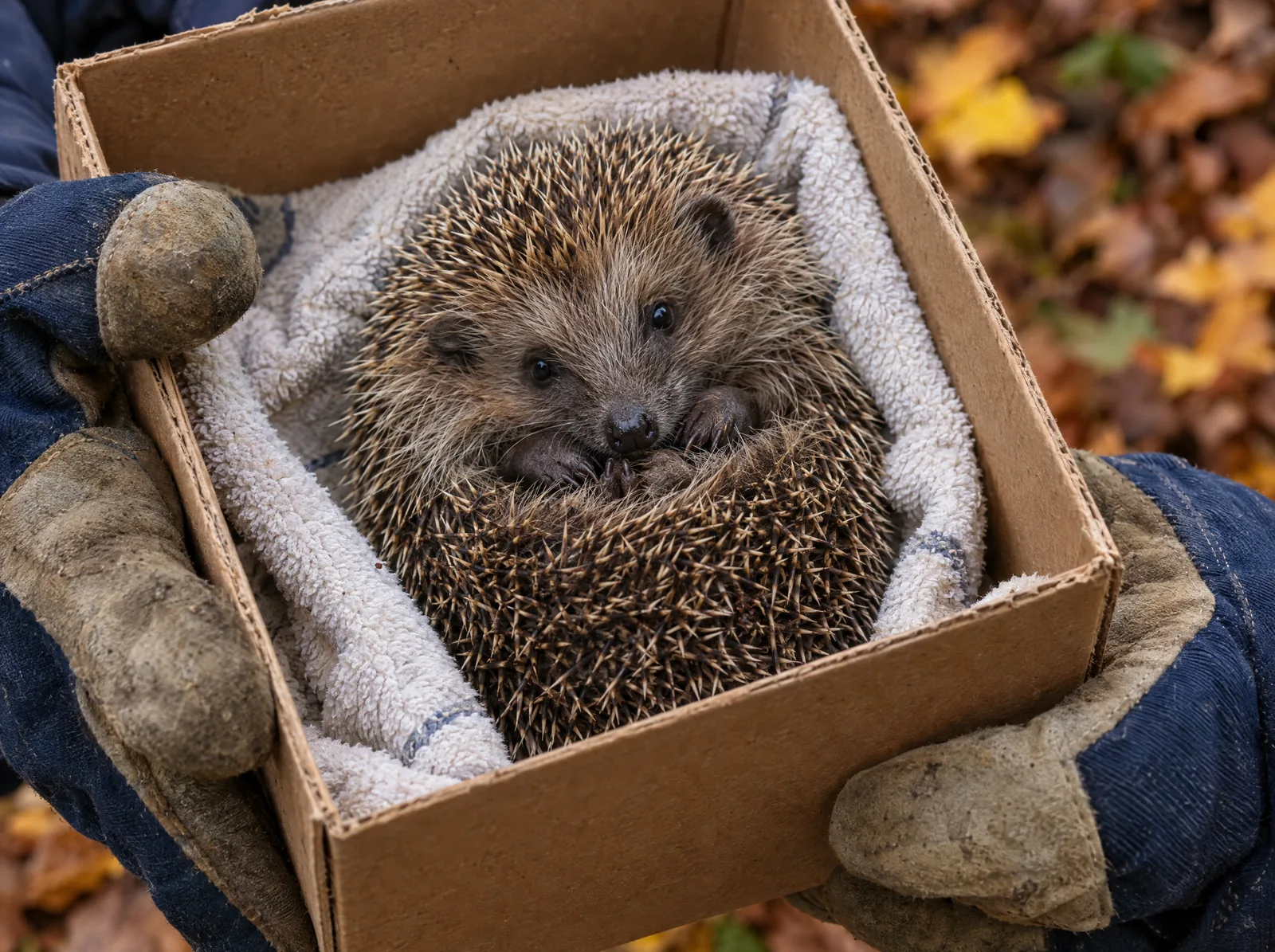 Ein junger Igel in einer Box mit Handtuch: So transportiert man ihn richtig – mit Handschuhen, geschlossen und ruhig. Keine Milch geben.