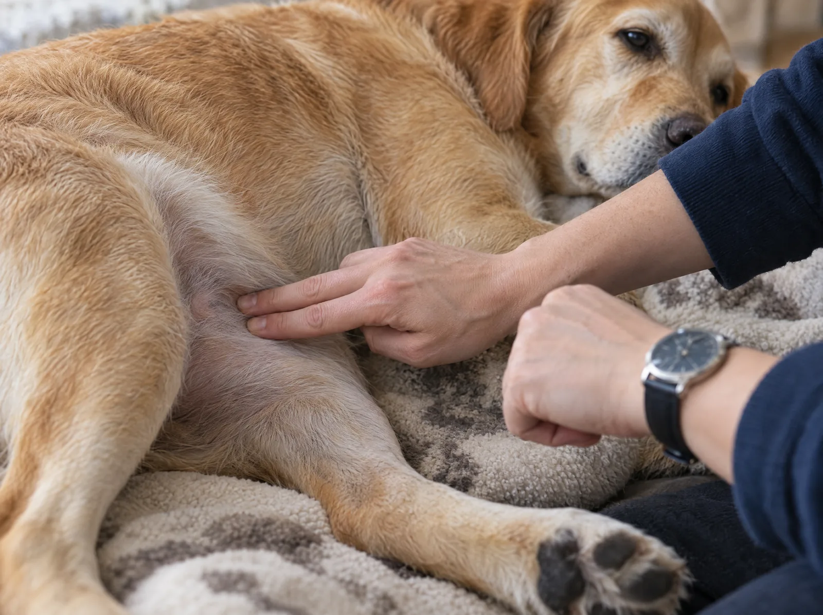 Ruhig und in Seitenlage: So lassen sich Atmung und Puls am besten prüfen. Wo du den Puls deines Tieres gut fühlst, zeigt dir dein Tierarzt beim nächsten Besuch.