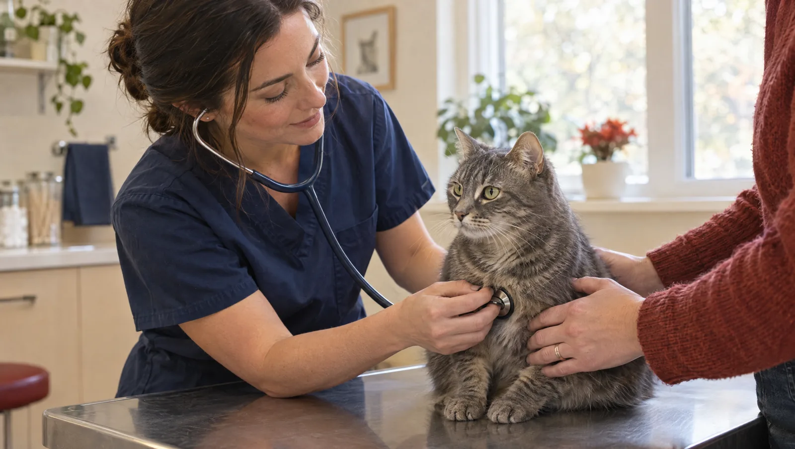 Eine Tierärztin hört eine getigerte Katze auf dem Behandlungstisch mit dem Stethoskop ab