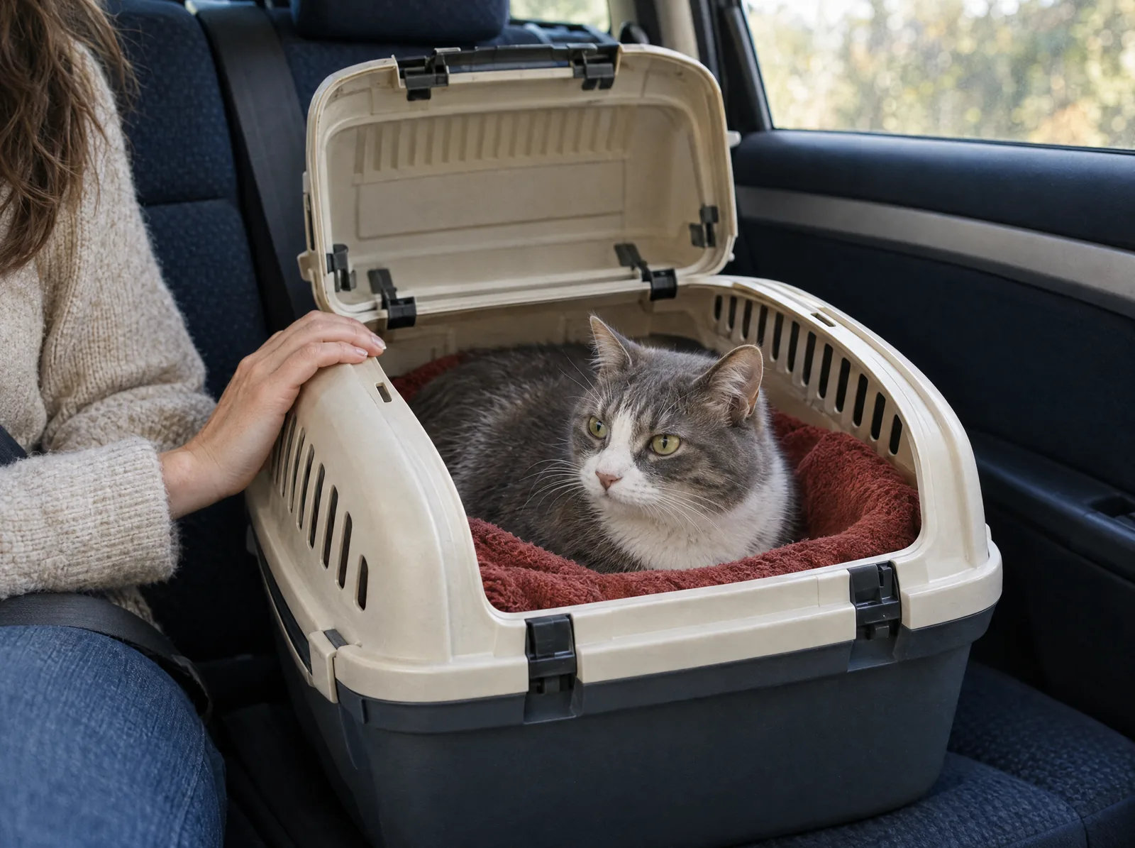 Sicher und ruhig: Katzen und kleine Hunde reisen im Notfall am besten in einer stabilen Box, die sich von oben öffnen lässt.